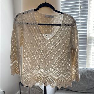 Cream V-Neck Sweater with Chevron Pattern